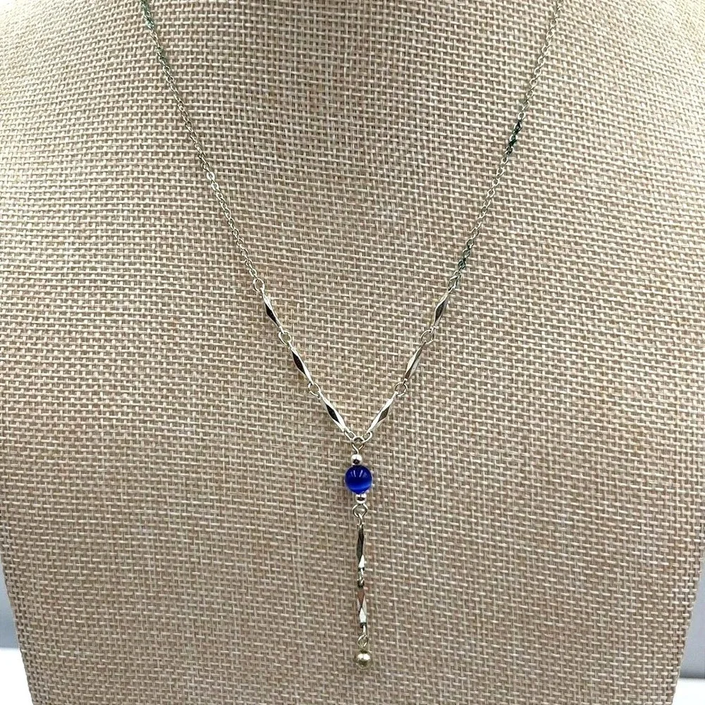 Vintage‎ Silver Tone Blue Cat's Eye Bead Y-Necklace Dainty Bar Link Drop Pendant